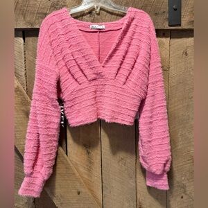 HYFVE Textured Pink V-Neck Cropped Sweater